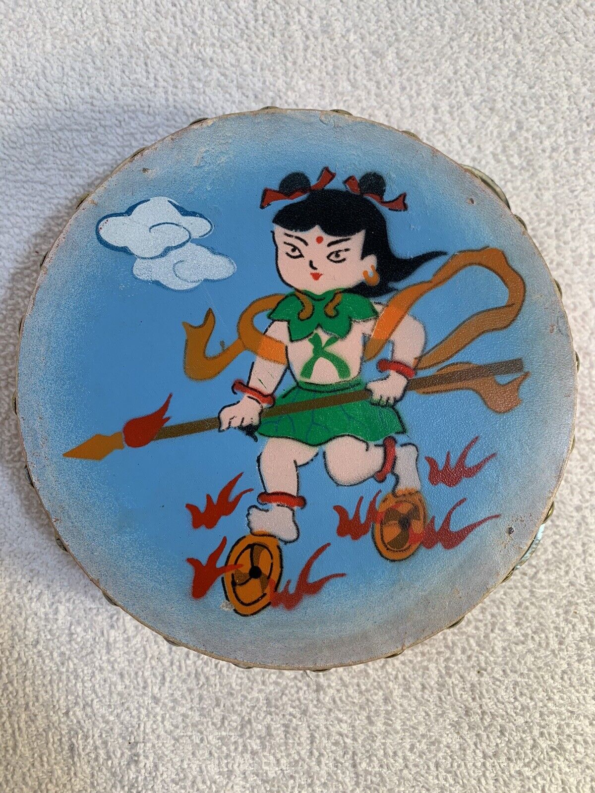 Rare Vintage Tambourine Hand Painted Warrior Mulan Woman Made In China Very Nice