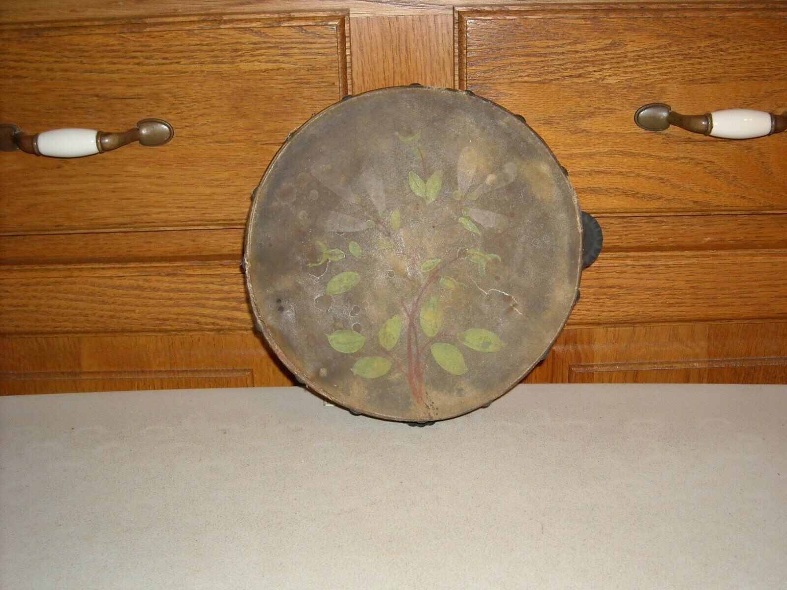 Antique / Vintage Tambourine Hand Painted Floral Oil Skin Top Great Rustic Decor